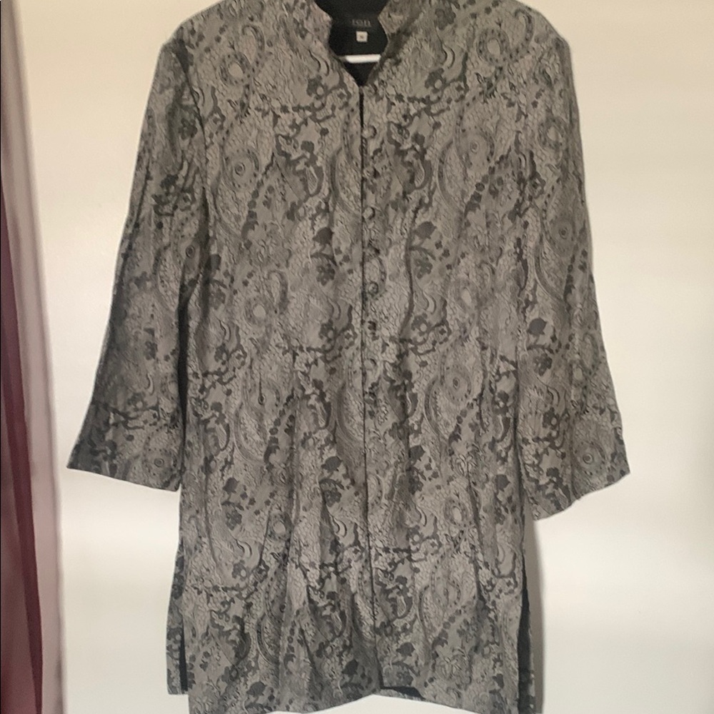 Vintage Oberon grey and black print jacket with mandarin collar